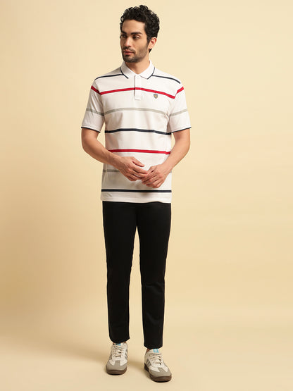 T-Shirt for Men | Breathable & Soft with Color Fastness Regular Fit Polo Neck Poly Cotton Fabric Striped Pattern