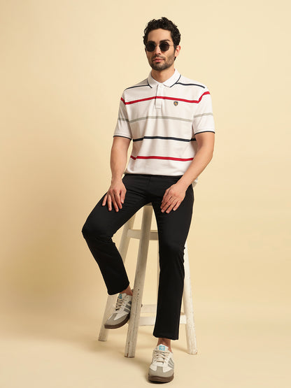 T-Shirt for Men | Breathable & Soft with Color Fastness Regular Fit Polo Neck Poly Cotton Fabric Striped Pattern