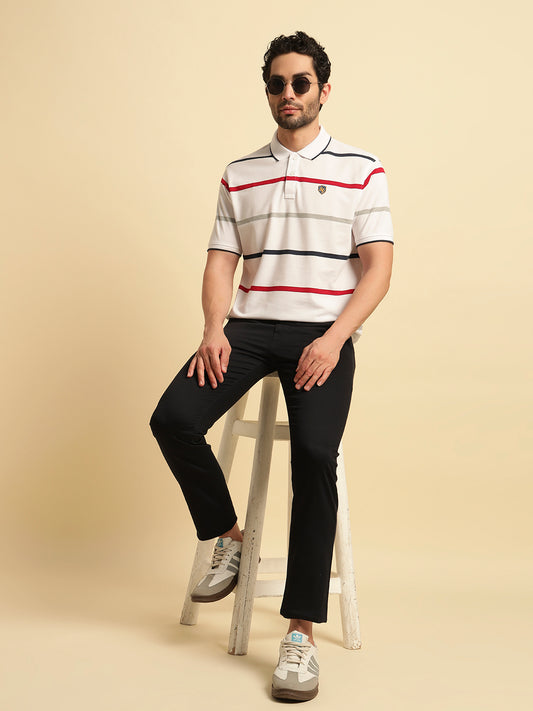 T-Shirt for Men | Breathable & Soft with Color Fastness Regular Fit Polo Neck Poly Cotton Fabric Striped Pattern