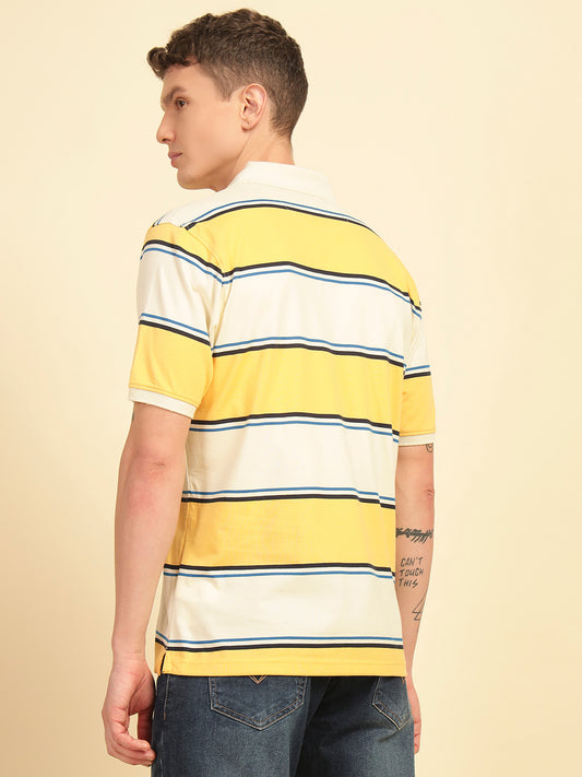 T-Shirt for Men | Breathable & Soft with Color Fastness Regular Fit Polo Neck Poly Cotton Fabric Striped Pattern