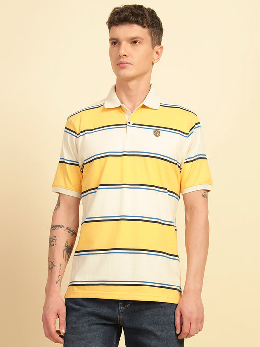 T-Shirt for Men | Breathable & Soft with Color Fastness Regular Fit Polo Neck Poly Cotton Fabric Striped Pattern