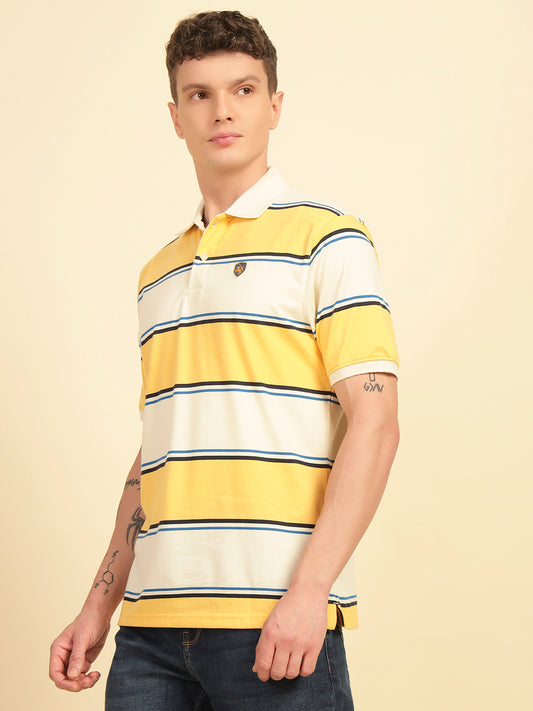 T-Shirt for Men | Breathable & Soft with Color Fastness Regular Fit Polo Neck Poly Cotton Fabric Striped Pattern