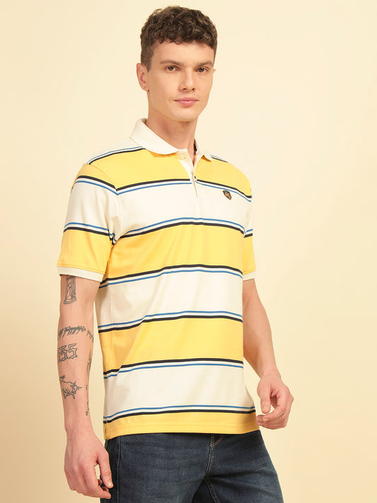 T-Shirt for Men | Breathable & Soft with Color Fastness Regular Fit Polo Neck Poly Cotton Fabric Striped Pattern