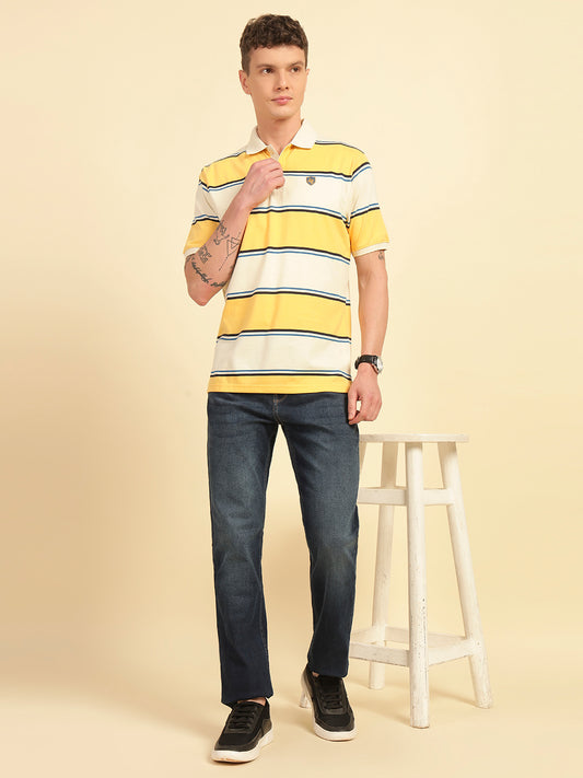 T-Shirt for Men | Breathable & Soft with Color Fastness Regular Fit Polo Neck Poly Cotton Fabric Striped Pattern
