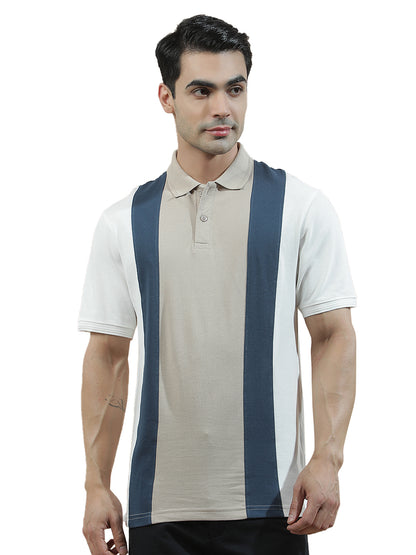 T-Shirt for Men | Breathable & Soft with Color Fastness Regular Fit Polo Neck Poly Cotton Fabric Colourblocked Pattern