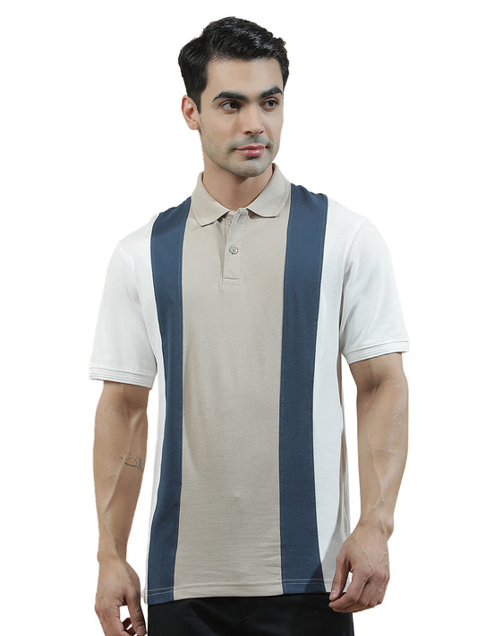 T-Shirt for Men | Breathable & Soft with Color Fastness Regular Fit Polo Neck Poly Cotton Fabric Colourblocked Pattern