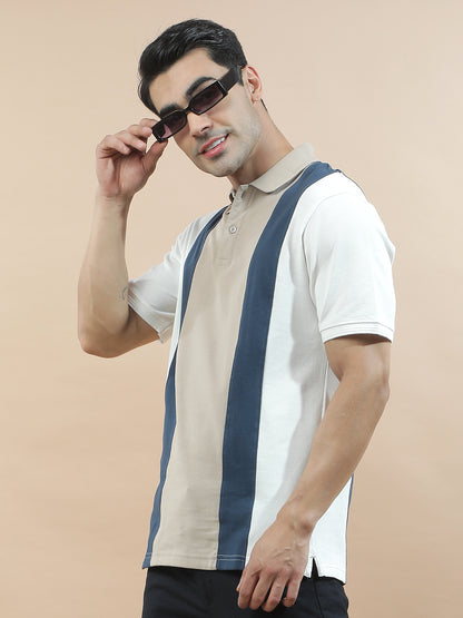 T-Shirt for Men | Breathable & Soft with Color Fastness Regular Fit Polo Neck Poly Cotton Fabric Colourblocked Pattern