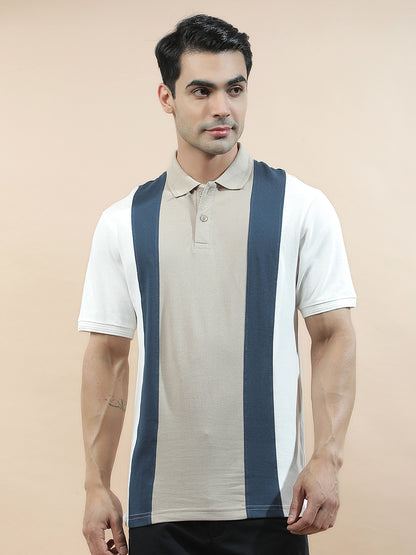 T-Shirt for Men | Breathable & Soft with Color Fastness Regular Fit Polo Neck Poly Cotton Fabric Colourblocked Pattern