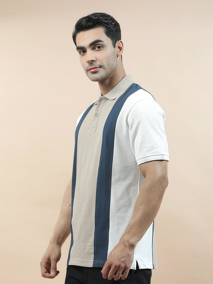 T-Shirt for Men | Breathable & Soft with Color Fastness Regular Fit Polo Neck Poly Cotton Fabric Colourblocked Pattern