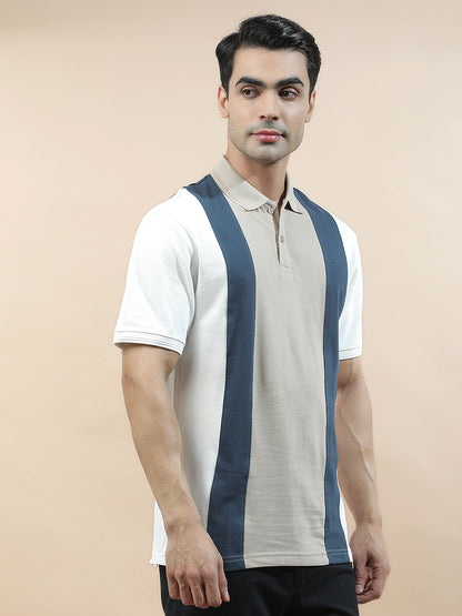 T-Shirt for Men | Breathable & Soft with Color Fastness Regular Fit Polo Neck Poly Cotton Fabric Colourblocked Pattern