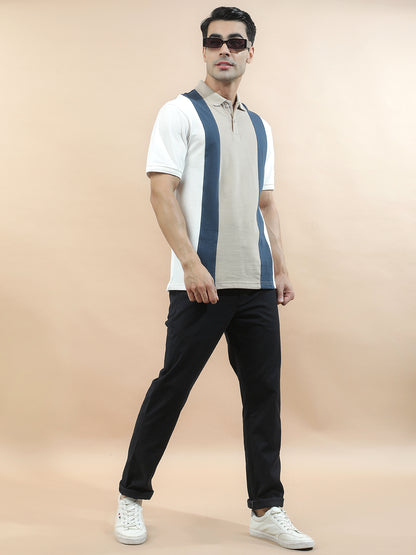 T-Shirt for Men | Breathable & Soft with Color Fastness Regular Fit Polo Neck Poly Cotton Fabric Colourblocked Pattern