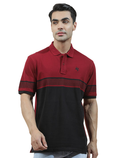 T-Shirt for Men | Breathable & Soft with Color Fastness Regular Fit Polo Neck Poly Cotton Fabric Striped Pattern