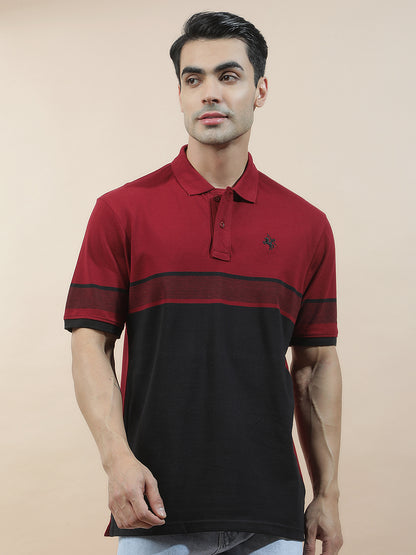 T-Shirt for Men | Breathable & Soft with Color Fastness Regular Fit Polo Neck Poly Cotton Fabric Striped Pattern