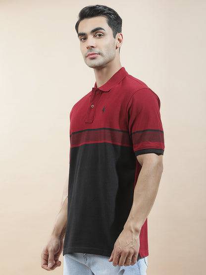 T-Shirt for Men | Breathable & Soft with Color Fastness Regular Fit Polo Neck Poly Cotton Fabric Striped Pattern