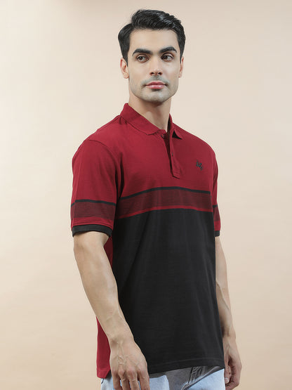 T-Shirt for Men | Breathable & Soft with Color Fastness Regular Fit Polo Neck Poly Cotton Fabric Striped Pattern