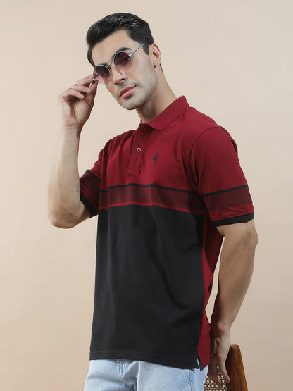 T-Shirt for Men | Breathable & Soft with Color Fastness Regular Fit Polo Neck Poly Cotton Fabric Striped Pattern
