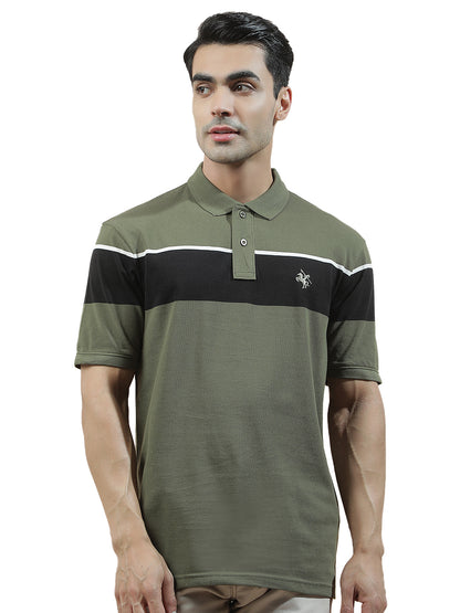 T-Shirt for Men | Breathable & Soft with Color Fastness Regular Fit Polo Neck Poly Cotton Fabric Striped Pattern