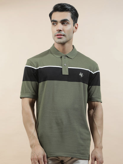 T-Shirt for Men | Breathable & Soft with Color Fastness Regular Fit Polo Neck Poly Cotton Fabric Striped Pattern