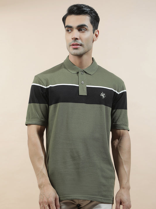 T-Shirt for Men | Breathable & Soft with Color Fastness Regular Fit Polo Neck Poly Cotton Fabric Striped Pattern