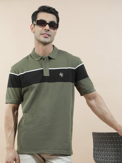 T-Shirt for Men | Breathable & Soft with Color Fastness Regular Fit Polo Neck Poly Cotton Fabric Striped Pattern