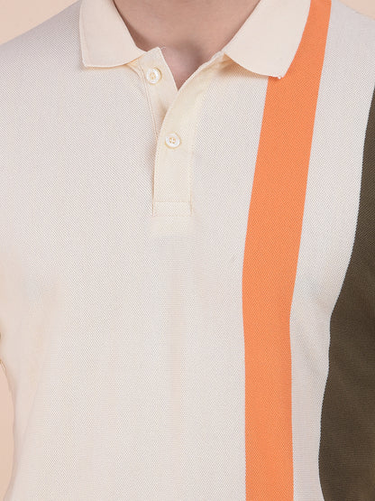 Men's White Regular Fit Striped Half Sleeve Casual T-Shirt