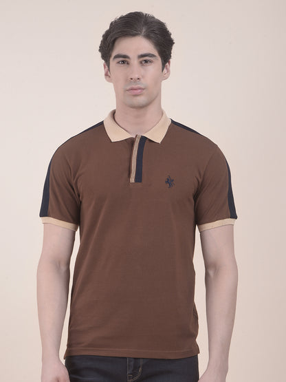 Men's Brown Regular Fit Striped Half Sleeve Casual T-Shirt