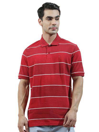 T-Shirt for Men | Breathable & Soft with Color Fastness Regular Fit Polo Neck Poly Cotton Fabric Striped Pattern