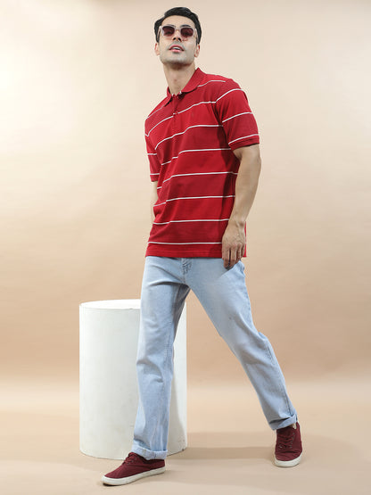 T-Shirt for Men | Breathable & Soft with Color Fastness Regular Fit Polo Neck Poly Cotton Fabric Striped Pattern