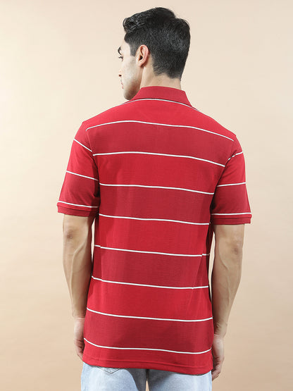 T-Shirt for Men | Breathable & Soft with Color Fastness Regular Fit Polo Neck Poly Cotton Fabric Striped Pattern