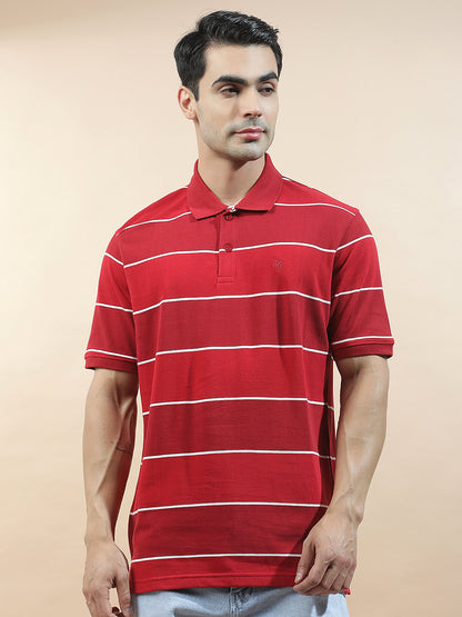 T-Shirt for Men | Breathable & Soft with Color Fastness Regular Fit Polo Neck Poly Cotton Fabric Striped Pattern