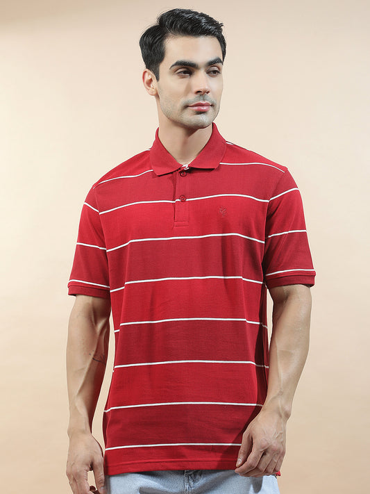 T-Shirt for Men | Breathable & Soft with Color Fastness Regular Fit Polo Neck Poly Cotton Fabric Striped Pattern