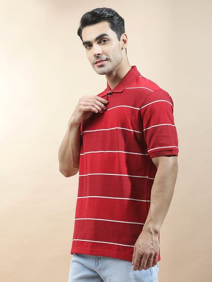 T-Shirt for Men | Breathable & Soft with Color Fastness Regular Fit Polo Neck Poly Cotton Fabric Striped Pattern