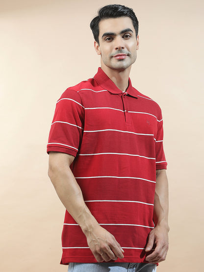T-Shirt for Men | Breathable & Soft with Color Fastness Regular Fit Polo Neck Poly Cotton Fabric Striped Pattern