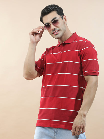 T-Shirt for Men | Breathable & Soft with Color Fastness Regular Fit Polo Neck Poly Cotton Fabric Striped Pattern