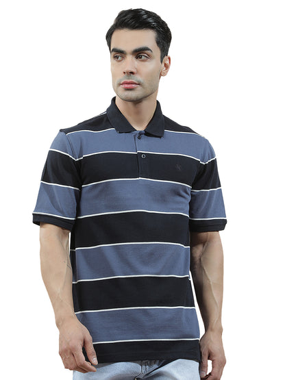 T-Shirt for Men | Breathable & Soft with Color Fastness Regular Fit Polo Neck Poly Cotton Fabric Striped Pattern