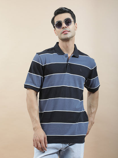 T-Shirt for Men | Breathable & Soft with Color Fastness Regular Fit Polo Neck Poly Cotton Fabric Striped Pattern