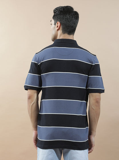 T-Shirt for Men | Breathable & Soft with Color Fastness Regular Fit Polo Neck Poly Cotton Fabric Striped Pattern