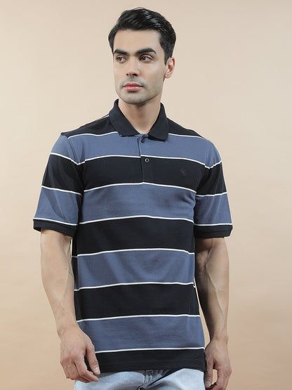 T-Shirt for Men | Breathable & Soft with Color Fastness Regular Fit Polo Neck Poly Cotton Fabric Striped Pattern