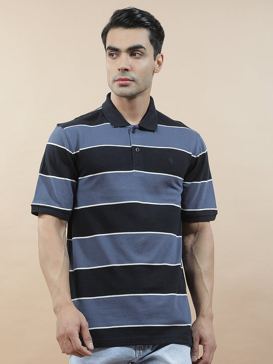 T-Shirt for Men | Breathable & Soft with Color Fastness Regular Fit Polo Neck Poly Cotton Fabric Striped Pattern