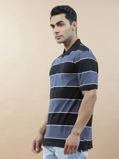 T-Shirt for Men | Breathable & Soft with Color Fastness Regular Fit Polo Neck Poly Cotton Fabric Striped Pattern