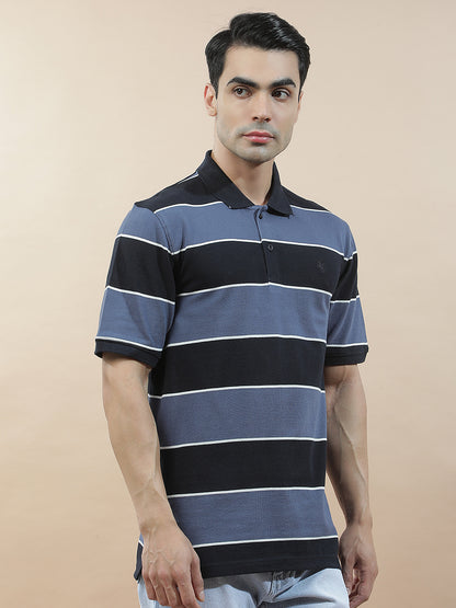 T-Shirt for Men | Breathable & Soft with Color Fastness Regular Fit Polo Neck Poly Cotton Fabric Striped Pattern