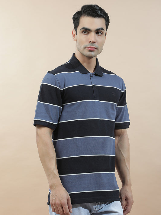 T-Shirt for Men | Breathable & Soft with Color Fastness Regular Fit Polo Neck Poly Cotton Fabric Striped Pattern