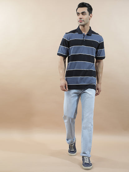 T-Shirt for Men | Breathable & Soft with Color Fastness Regular Fit Polo Neck Poly Cotton Fabric Striped Pattern
