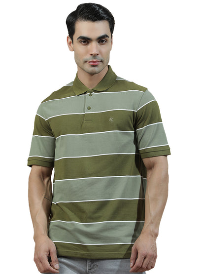 T-Shirt for Men | Breathable & Soft with Color Fastness Regular Fit Polo Neck Poly Cotton Fabric Striped Pattern