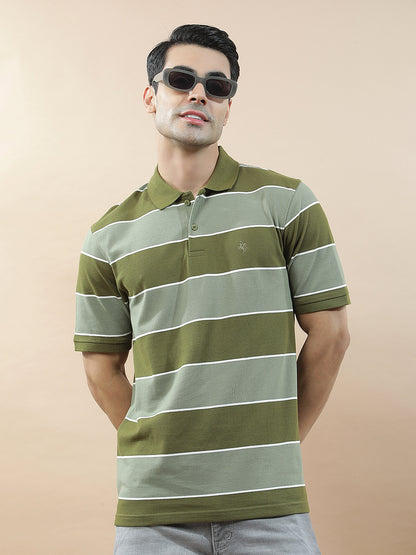 T-Shirt for Men | Breathable & Soft with Color Fastness Regular Fit Polo Neck Poly Cotton Fabric Striped Pattern
