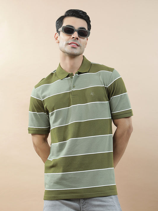 T-Shirt for Men | Breathable & Soft with Color Fastness Regular Fit Polo Neck Poly Cotton Fabric Striped Pattern