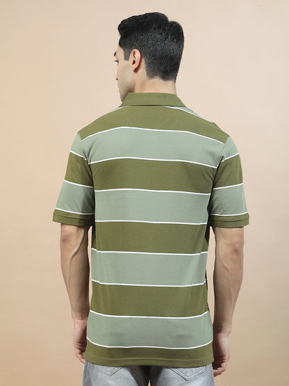 T-Shirt for Men | Breathable & Soft with Color Fastness Regular Fit Polo Neck Poly Cotton Fabric Striped Pattern