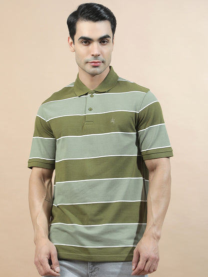 T-Shirt for Men | Breathable & Soft with Color Fastness Regular Fit Polo Neck Poly Cotton Fabric Striped Pattern