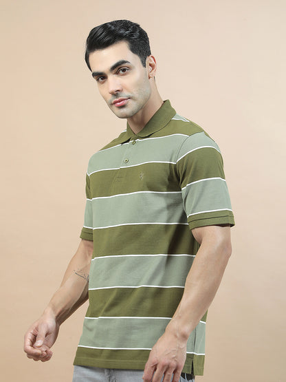 T-Shirt for Men | Breathable & Soft with Color Fastness Regular Fit Polo Neck Poly Cotton Fabric Striped Pattern