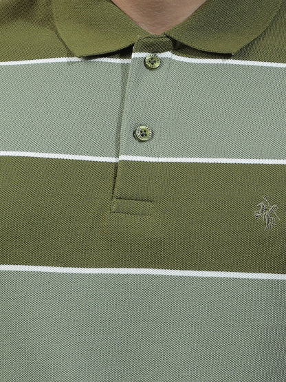 T-Shirt for Men | Breathable & Soft with Color Fastness Regular Fit Polo Neck Poly Cotton Fabric Striped Pattern